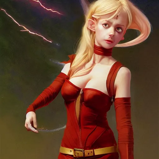 Prompt: a painting of an female elf wearing a skintight dress with blonde hair red eyes. by edward robert hughes and craig davison and tooth wu and wlop and beeple and greg rutkowski. trending on artstation, highly detailed, volumetric lightning