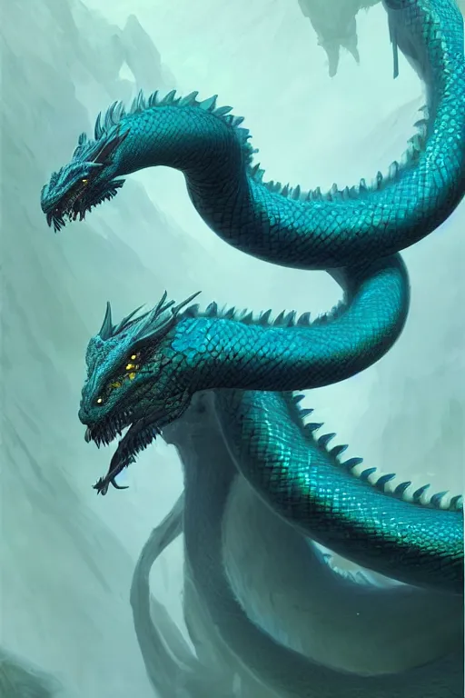 Prompt: cyan dragon - snake hybrid, antlers, disgruntled scales, claws, fantasy, magic, complete, detailed, digital painting, trending on artstation, matte painting by greg rutkowski john howe