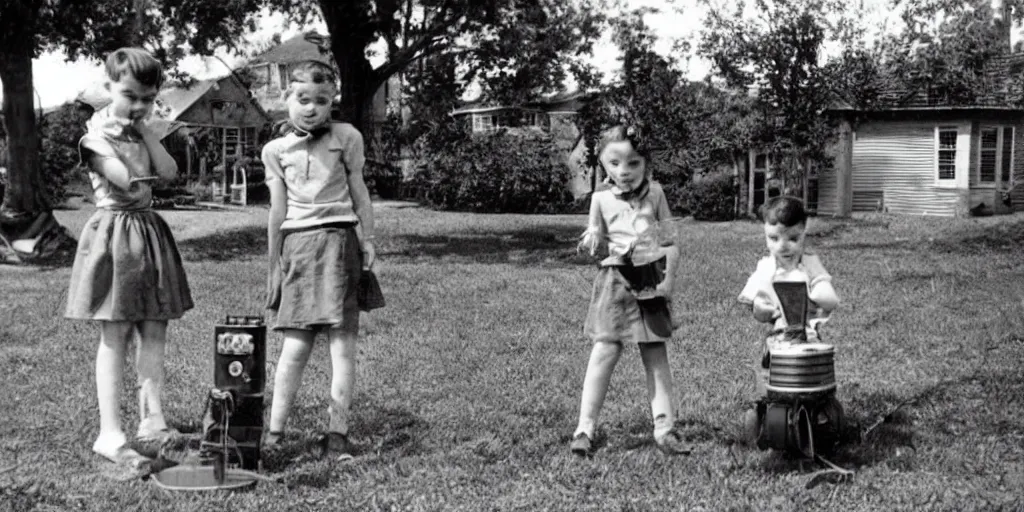 Prompt: two kids playing with lovecraftian toy in their front yard, 1 9 5 0 s picture