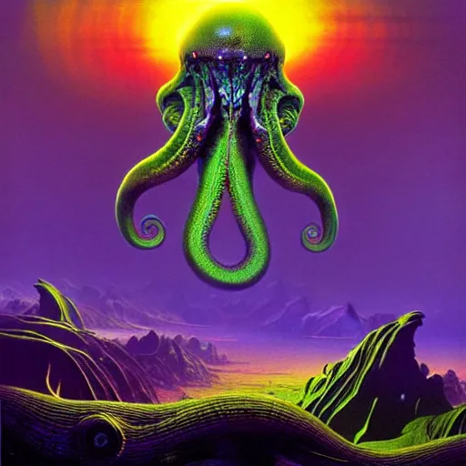 Prompt: highly detailed fantasy art of an alien cephalopod creature in a surreal landscape filled with mountains and mist, diffuse lighting by roger dean, kilian eng, mœbius