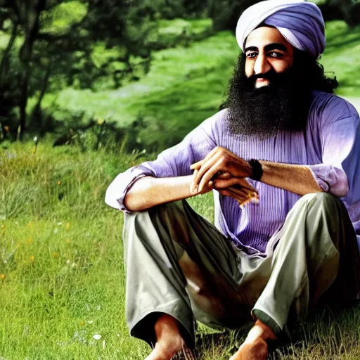 Prompt: osama bin laden on a grassy hill eating subway