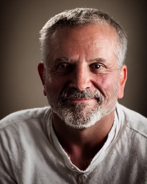 Image similar to A high-quality studio portrait of a middle-aged man with piercing eyes, bokeh, 90mm, f/1.4