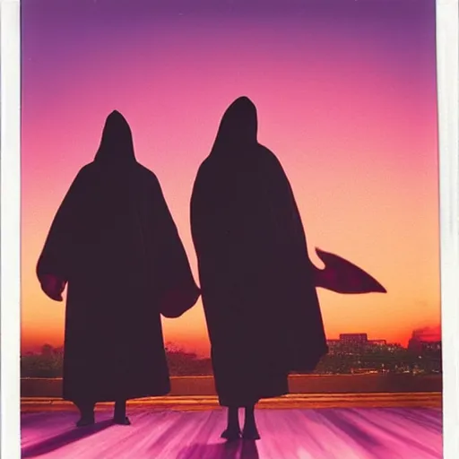 Image similar to low angle wide shot of busy Night Vale street, angels do not exist, hooded figures in robes, sunset, polaroid photo, by Warhol,