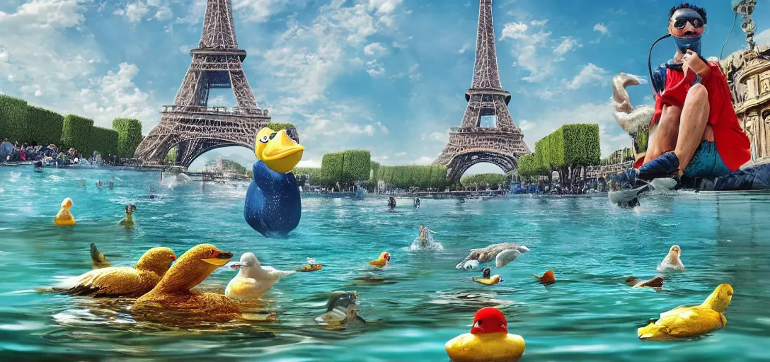 Image similar to super realistic, diver, Eiffel Tower, pond, rubber ducks, ultra high definition