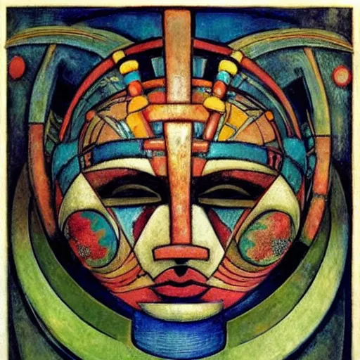 Prompt: head of a beautiful machine shaman wearing a mask made of enamelled flowers, by annie swynnerton and jean delville and john watkiss and rufino tamayo and diego rivera, art deco shaman, stylized geometric flowers, art brut, symbolist, dramatic lighting, god rays, clean crisp graphics, smooth sharp focus, extremely detailed, adolf wolfli