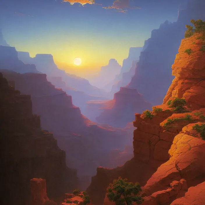 Image similar to a beautiful painting of a grand canyon, sunset by ivan aivazovsky and rhads and rene magritte and greg rutkowski and james gurney, in style of digital art. hyper detailed, sharp focus, soft light. octane render. ray tracing. trending on artstation