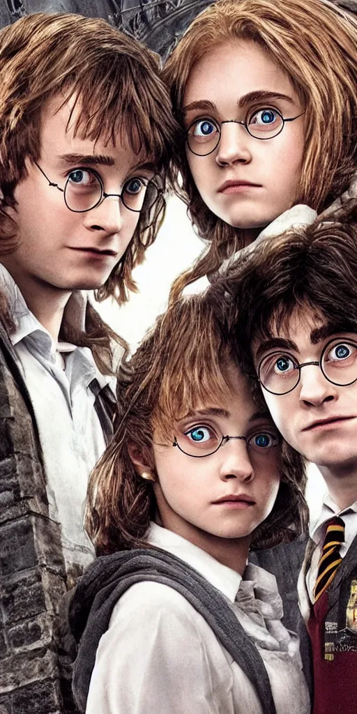 Image similar to Harry Potter Ron and Hermione in Venice, hyper realistic face, symmetrical face, beautiful eyes,