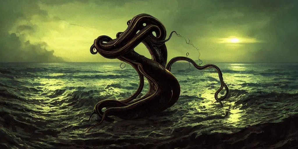 Image similar to landscape view on an old fishing village at night, a tentacled creature emerging from the ocean, night colors, high - key lighting, beautiful composition, intricate, gradient from green to black, pro photography by, highly detailed, digital painting, art by artgerm and greg rutkowski and alphonse mucha, smooth, sharp focus illustration