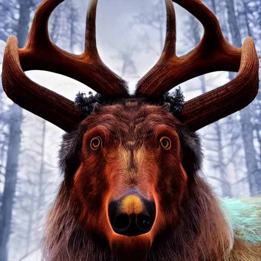 Image similar to photorealistic celtic antlered bear. hyperdetailed photorealism, 1 0 8 megapixels, amazing depth, glowing rich colors, powerful imagery, psychedelic overtones, 3 d finalrender, 3 d shading, cinematic lighting, artstation concept art