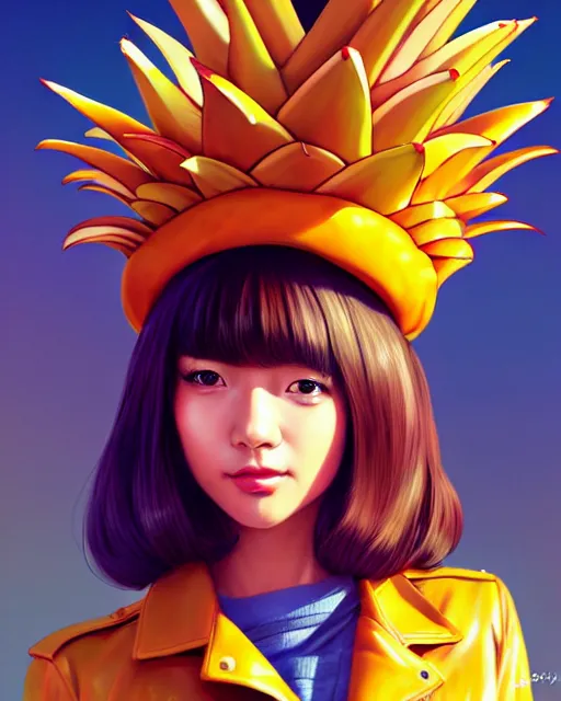 Image similar to pineapple girl wearing a candy hat and leather jacket, fine detail!! anime!! realistic shaded lighting!!, kim hyun joo, digital painting by ilya kuvshinov, magali villeneuve, artgerm, jeremy lipkin and michael garmash and rob rey