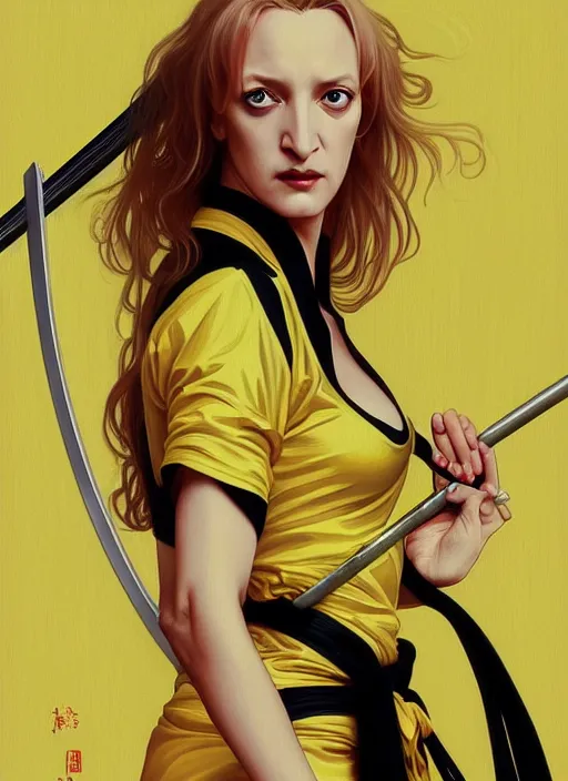 Image similar to uma thurman in kill bill, rococo and art nouveau fusion, swinging reflective katana, yellow jumpsuit with black stripe, highly detailed, deep focus, elegant, digital painting, smooth, sharp focus, illustration, ultra realistic, japanese art by artgerm and alphonse mucha