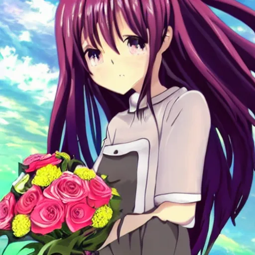 Prompt: anime girl holds a bouquet,