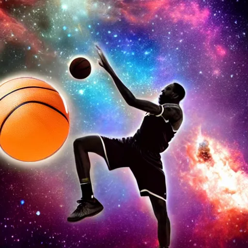 Image similar to a player dunking a basketball depicted as an explosion of a nebula