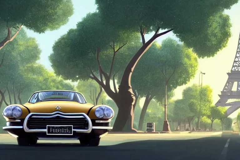 Prompt: a wholesome animation key shot of!! one!! focused! 1 9 7 4 citroen ds! in a tree lined paris street, view of eiffel tower, medium shot, studio ghibli, pixar and disney animation, sharp, very detailed, high resolution, rendered in unreal engine 5, anime key art by greg rutkowski, bloom, dramatic lighting