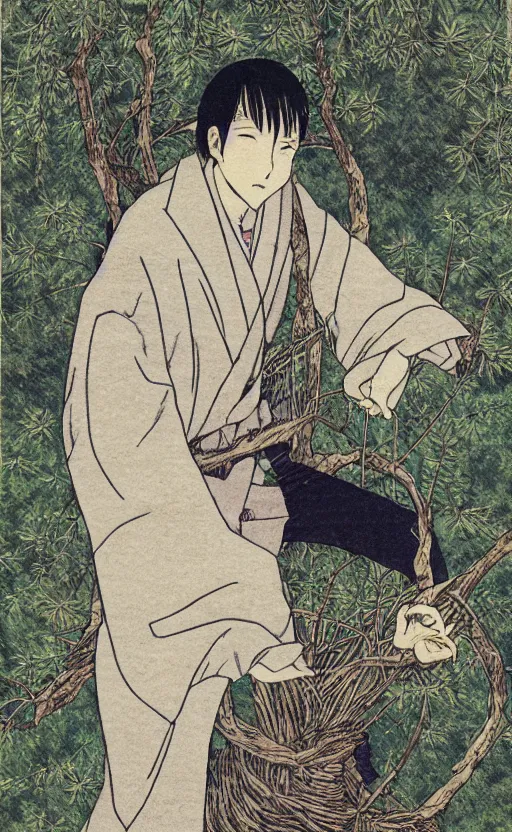 Prompt: by akio watanabe, manga art, a male writer sitting on chair with short hair, willow tree and hill, trading card front, kimono, realistic anatomy, sun in the background