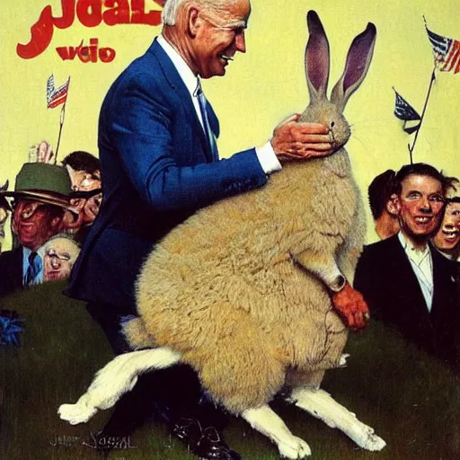 Image similar to joe biden being led around by a large rabbit, artist norman rockwell,