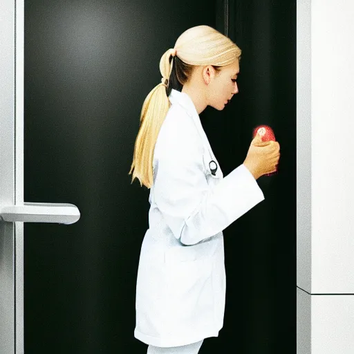 Prompt: full body profile of cute female nurse, blond hair. ponytail, white coat, in an elevator, elizabeth messina