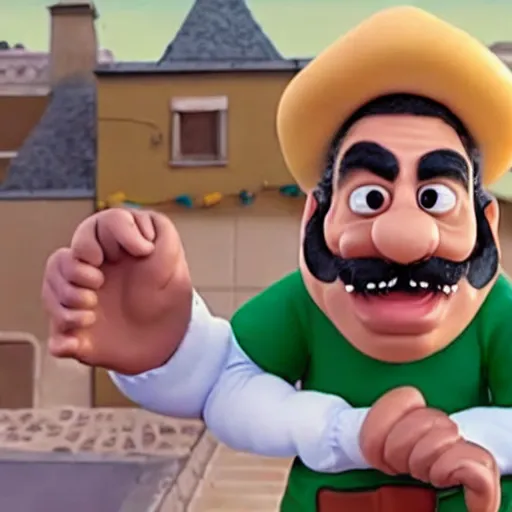 Image similar to beautifully rendered, masterpiece, caricature, claymation, luis guzman as luigi making absurd silly looking faces