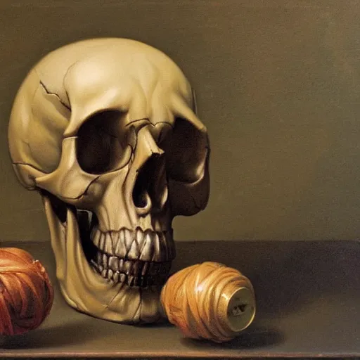 Prompt: a skull bound by colorful ropes by Roberto ferri, still life, oil painting