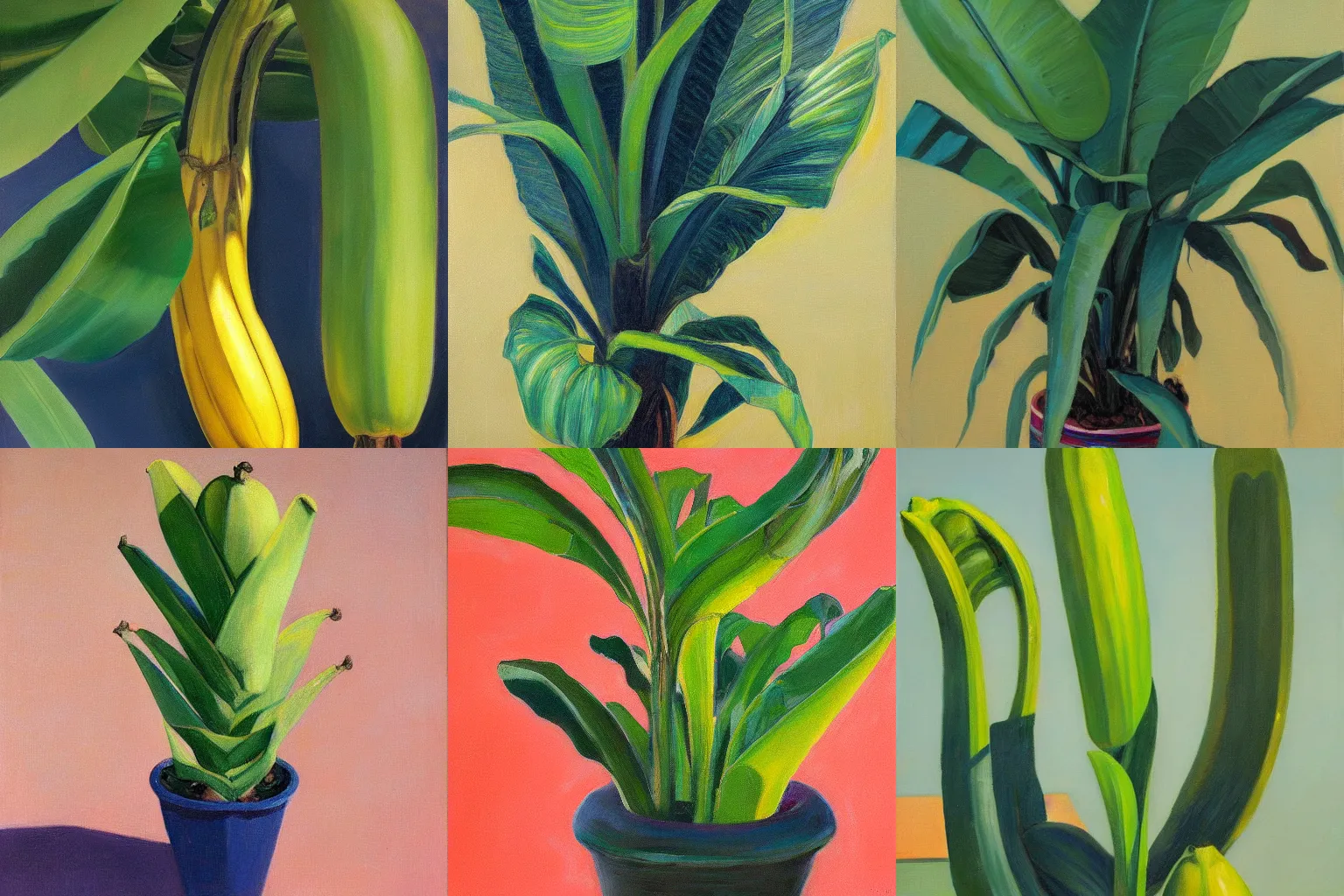 Prompt: banana plant, wayne thiebaud, oil on canvas