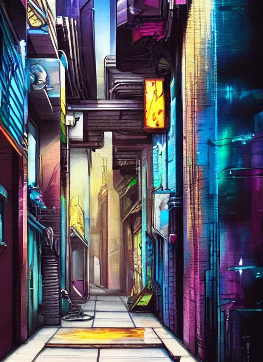 Image similar to airbrushed painting of a cyberpunk alleyway