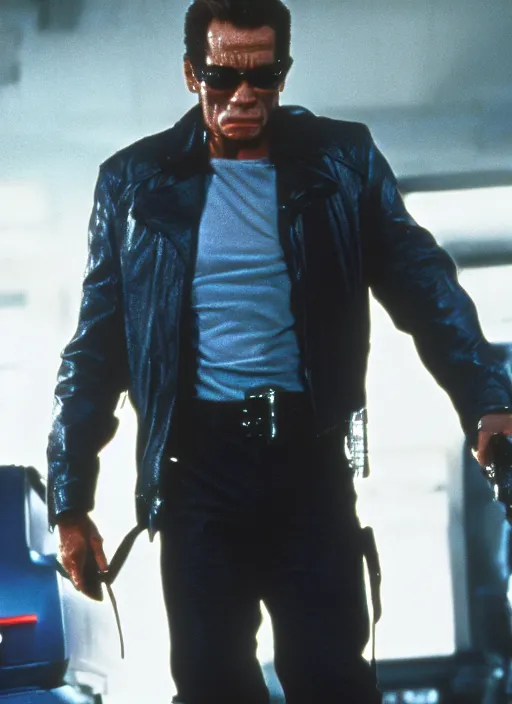 Prompt: film still of Tommy Lee Jones as The Terminator in The Terminator, 4k