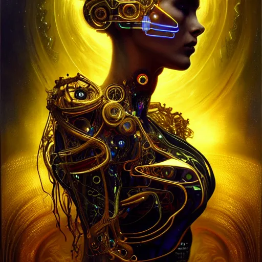 Image similar to extremely psychedelic beautiful cyborg goddess infected by night. intricate, elegant, highly detailed, extremely lifelike photorealistic digital painting, artstation. steichen, gaston bussiere, tom bagshaw, cyberpunk alphonse mucha. elegant minimalism. anatomically correct. sharp focus. gold, black accents. surreal lush cosmic hallucination