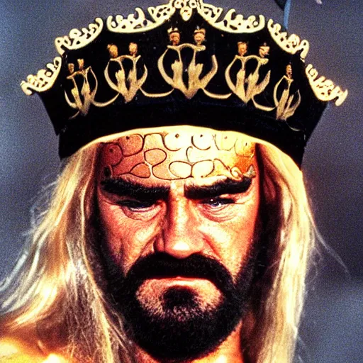 Prompt: in the land of the blind a one - eyed man is king. zardoz sean connery with an eyepatch and detailed realistic crown. beach setting with natural lighting. realistic high definition photograph