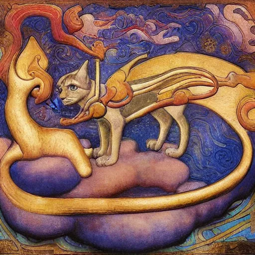 Image similar to masterpiece mechanical cloisonne cat sculpture, by annie swynnerton and diego rivera and nicholas roerich and jean delville and charlie bowater, spacecat, symbolist, dramatic lighting, god rays, art brut, rich colors, smooth sharp focus, extremely detailed, adolf wolfli and ( donato giancola and bilibin )