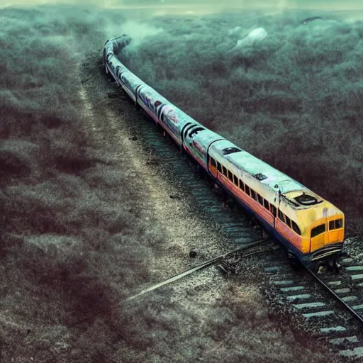 Image similar to a damaged train travelling through a wasteland while a cloud of ghosts is chasing it from behind, bird eye view