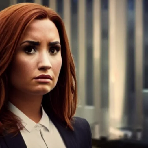 Image similar to close-up of Demi Lovato with brown hair as Dana Scully in an X-Files movie directed by Christopher Nolan, movie still frame, promotional image, imax 35 mm footage