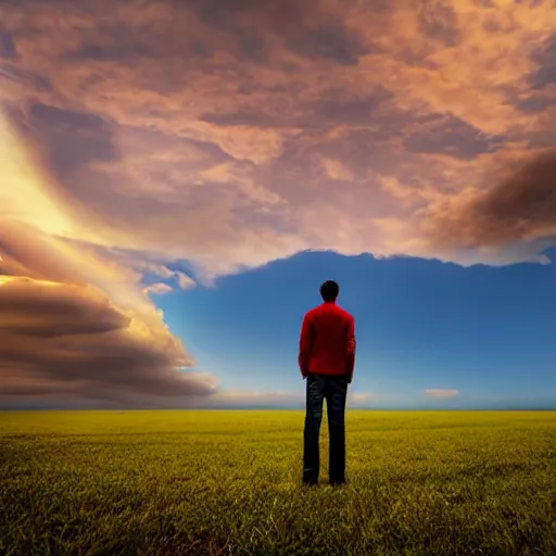 Image similar to a man standing in a open field with a rift in the sky, wide angle shot, hd, intricate detail