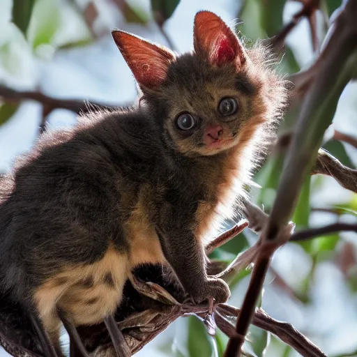 Image similar to a bat kitten, in a tree, Canon EOS R3, telephoto, very detailed, 4k