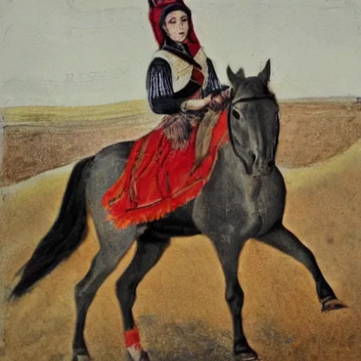 Image similar to The mixed mediart shows the heroine riding on a magnificent red horse. She is clad in a traditional Russian folk costume, complete with a brightly-colored headscarf. Her face is pale and beautiful, with a look of resolve in her eyes. Behind her, the horse's hooves churn up the earth as they gallop across the countryside. In the distance, the dark forest looms, its trees reaching up into the sky. scientific diagram by Jack Davis, by Zinaida Serebriakova amorphous