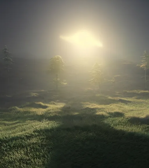 Image similar to green cross lights in the artic, volumetric lighting, fog, majestic light, octane render, ethereal glare of the sun, hyperrealistic, epic, masterpiece, by makoto shinkai, by peter zumthor