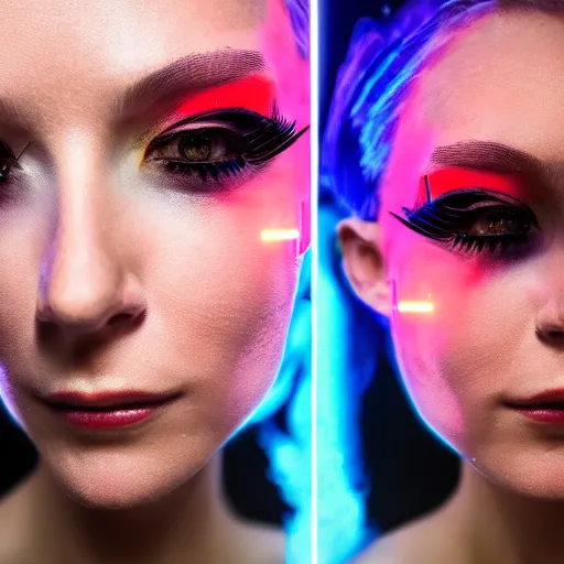 Image similar to A beautiful blonde model who is half of a robot with wires coming out of her head, Cyberpunk, neon, 60s, Sony a7R IV, symmetric balance, polarizing filter, Photolab, Lightroom, 4K, Dolby Vision, Photography Award