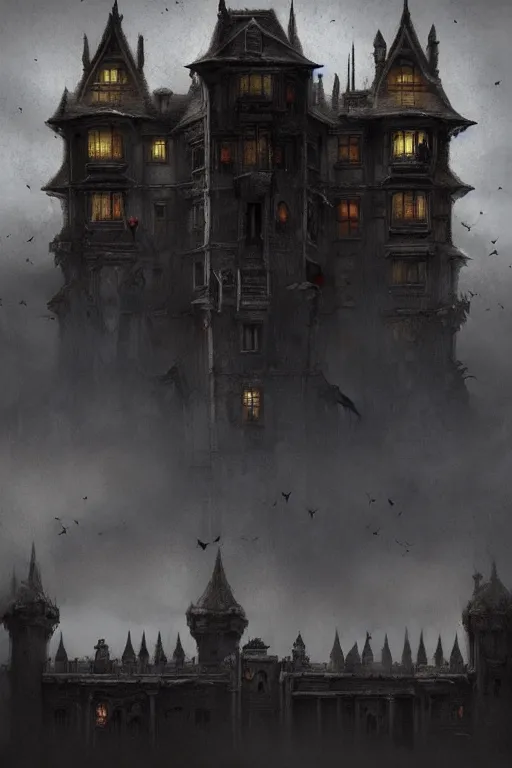Image similar to concept art of a haunted palace, imposing view, cinematic, horror, photorealistic, vintage, artstation, painterly, expressive