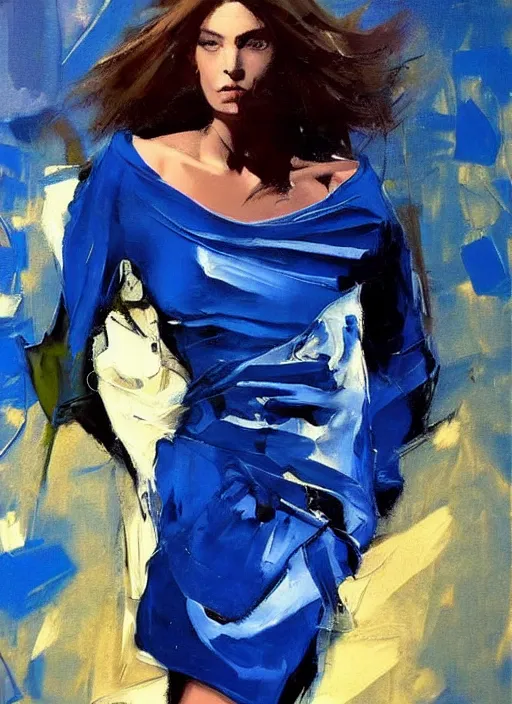 Image similar to fashion model in blue dress, painting by phil hale, fransico goya,'action lines '!!!, graphic style, visible brushstrokes, motion blur, blurry, visible paint texture, crisp hd image