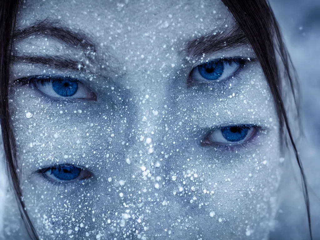 Image similar to the piercing blue eyed stare of yuki onna, freezing blue skin, blizzard in the mountains, bokeh, asymmetric, rule of thirds