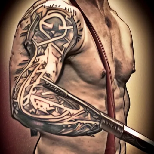 Image similar to muscular bald man, tattooed body, sword in hands, HD, anime style,