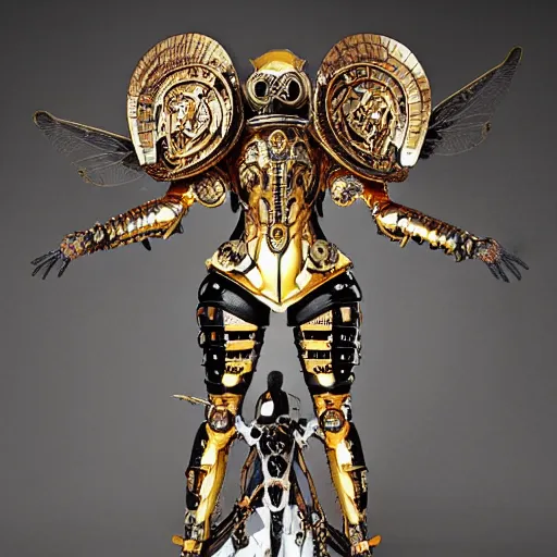 Image similar to haute couture scale armour sf paladin editorial by klimt, biomechanical hornet with metal couture wings by malczewski, ornate wh 4 0 k chaos lord in gold, bismuth and obsidian by giger, on bloody cosmic battleground by alphonse mucha