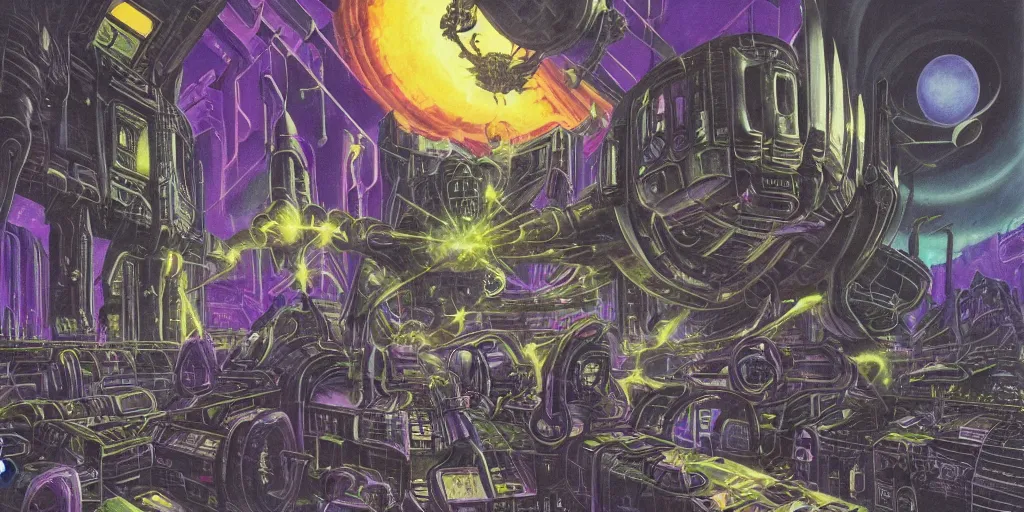 Prompt: an eldritch brutalist gothic airbrush painting of a voidpunk starship interior, illustrated by HG Wells, Warhammer 40k, Lisa Frank, Josh Kirby, sci-fi and cyberpunk, clean linework, Obsidian, technological, artificial