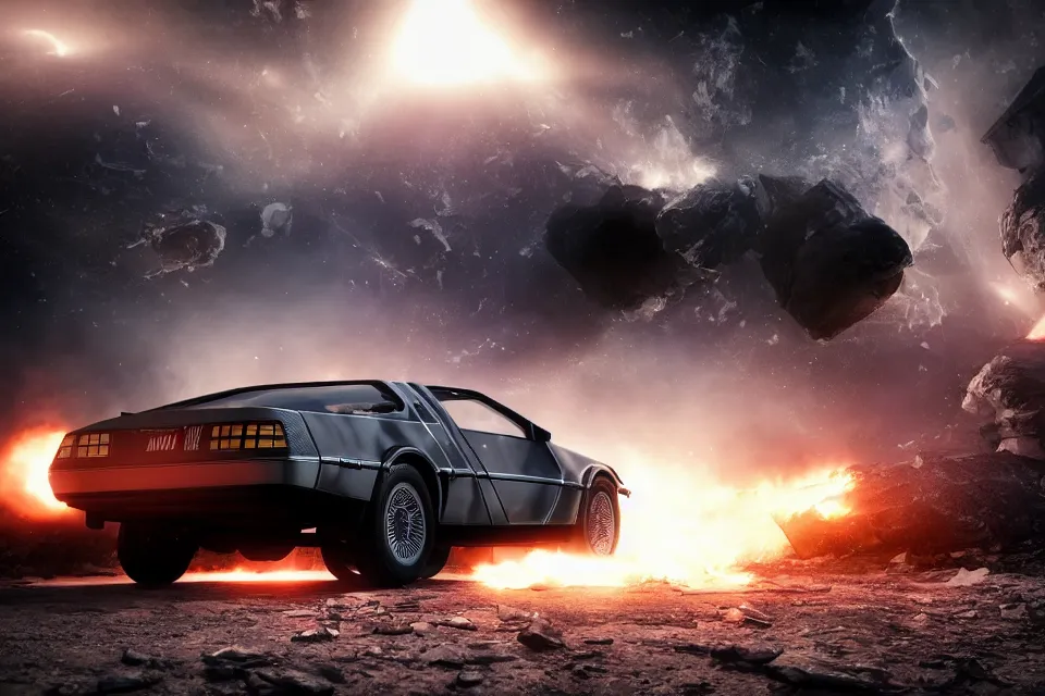 Image similar to ultra realistic delorean dmc 5 drifting on an ancient space highway wreckage in space, dark cinematic, volumetric, realistic, 3 d render, realistic render, cinematic lighting, volumetric lighting, atmospheric, cinematic, unreal engine 5, unreal engine render, octane render, hd, photorealism, hyper realistic, photo, 8 k