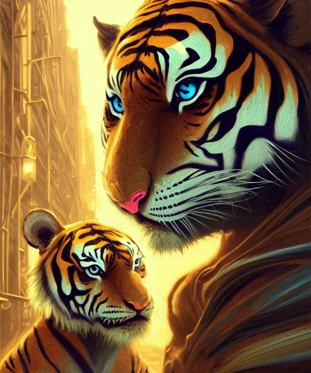 Image similar to anthropomorphic Tiger female, indian origin, fantasy, bright blue eyes, face, black and yellow hair, fantasy, LSD Dream Emulator, intricate, elegant, new york alleyway, moonlit, highly detailed, digital painting, artstation, concept art, smooth, sharp focus, illustration, art by artgerm and greg rutkowski and alphonse mucha