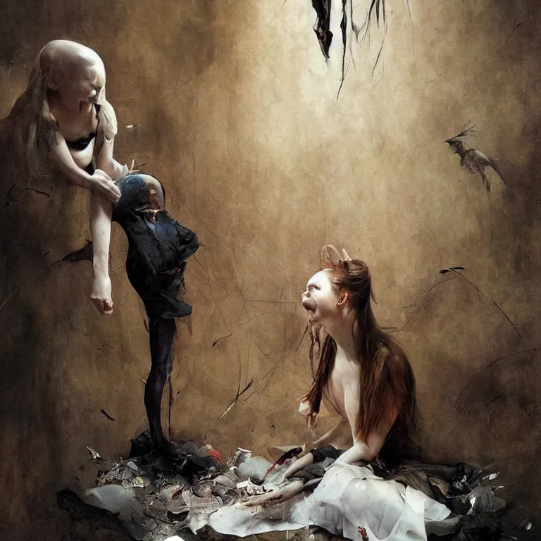 Image similar to ange watching mirrorl, 3 d render, esao andrews, jenny saville, surrealism, greg rutkowski