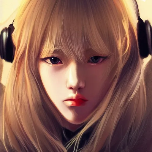 Image similar to realistic beautiful gorgeous natural cute Blackpink Lalisa Manoban blonde hair cute fur blonde cat ears wearing headphones wearing black leather choker in sweaters outfit golden eyes artwork drawn full HD 4K highest quality in artstyle by professional artists WLOP, Taejune Kim, Guweiz, ArtGerm on Artstation Pixiv