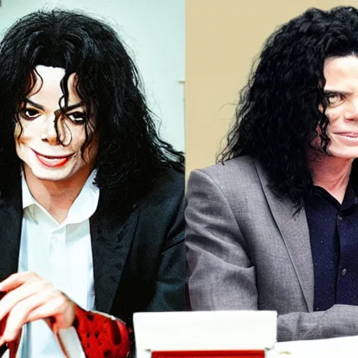 Prompt: Michael Jackson and Tommy Wiseau are sitting in a meeting