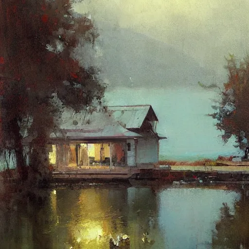 Prompt: a house by the lake painted by jeremy mann