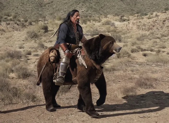 Image similar to film still of danny trejo on a saddle riding a bear wearing a bandana in mexico, 8 k