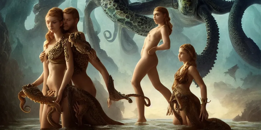 Image similar to Fantasy fairytale story, Great Leviathan Turtle, cephalopod, Cthulhu Squid, Mysterious Island, center Universe, accompany hybrid, Cory Chase, Blake Lively, Anya_Taylor-Joy, Grace Moretz, Halle Berry, Mystical Valkyrie, Anubis-Reptilian, Atlantean Warrior, intense fantasy atmospheric lighting, hyperrealistic, William-Adolphe Bouguereau, François Boucher, Jessica Rossier, Michael Cheval, michael whelan, Cozy, hot springs hidden Cave, Forest, candlelight, natural light, lush plants and flowers, Spectacular Mountains, bright clouds, luminous stellar sky, outer worlds, Solar Flare Unreal Engine, HD,